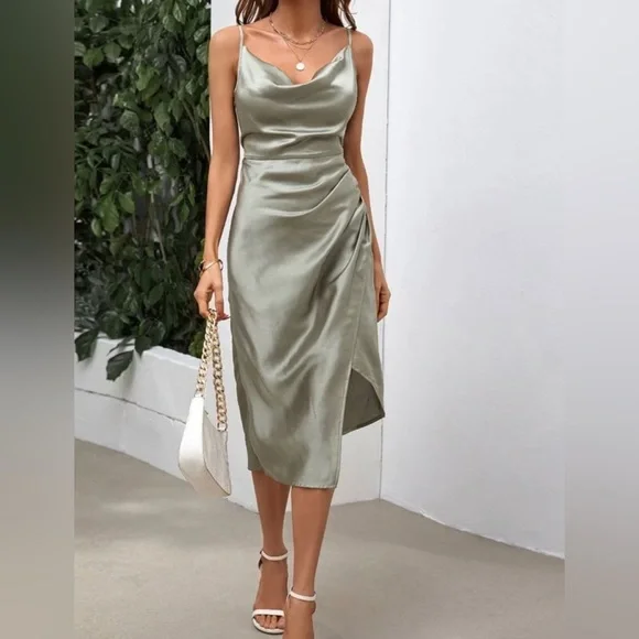 green emerald velvet dress Roma Halter neck Bridesmaids Dress In Sage Green satin main image 1
